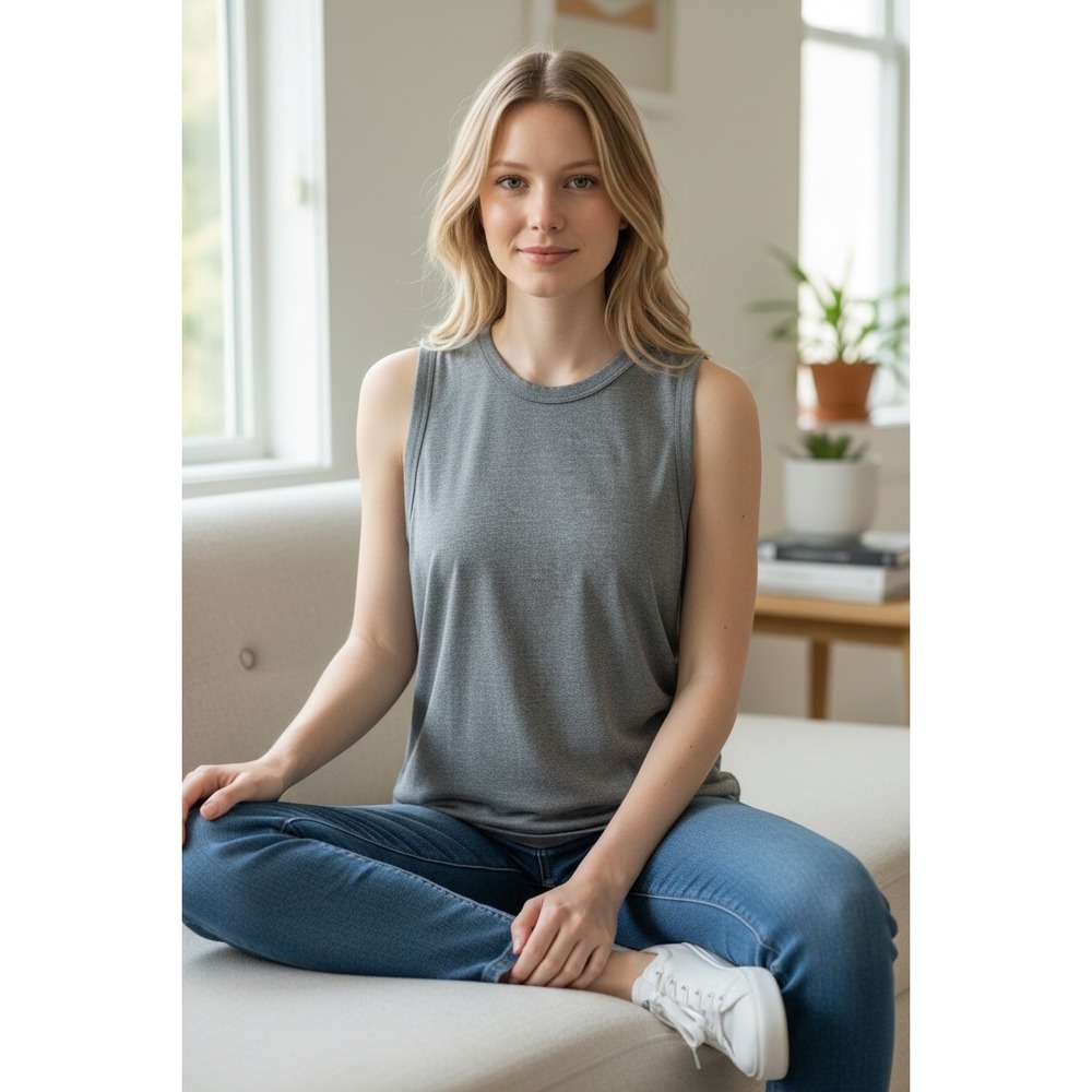 J.Crew Womens Muscle Tank Top Heathered Gray Sleeveless Crew Neck XL RN77388